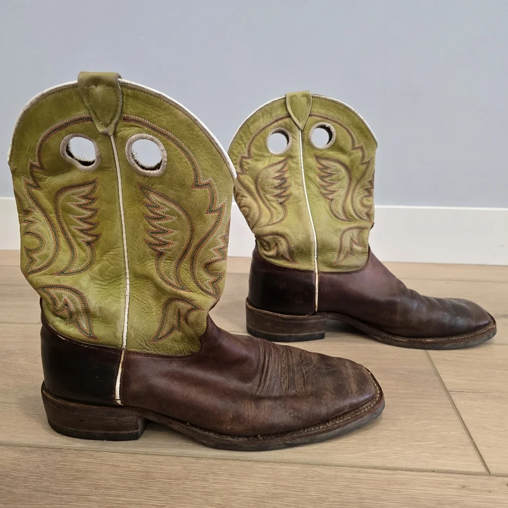 Justin Men's 12 D Cognac Green SquareToe Cowboy Western Boots Handcrafted in USA